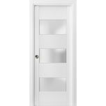 Sliding French Pocket Door 3 Lites | Lucia 4070 White Silk with Frosted Glass | Kit Trims Rail Hardware | Solid Wood Interior Bedroom Sturdy Doors