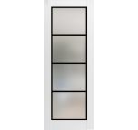 Slab Barn Door Panel Lite | Planum 2132 White Silk with Frosted Glass and Aluminum Strips | Wood Solid Panel Frame Trims | Closet Bedroom Sturdy Doors