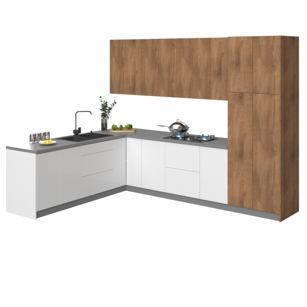 Kitchen Harmony Collection White Gloss & Natural Teak Color Base Size 8x10Ft Wide